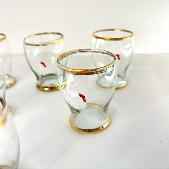 VintageEnamelled Rooster Cordial Shot Glasses Gold Banding Barware Set of Six - Picture 10 of 11